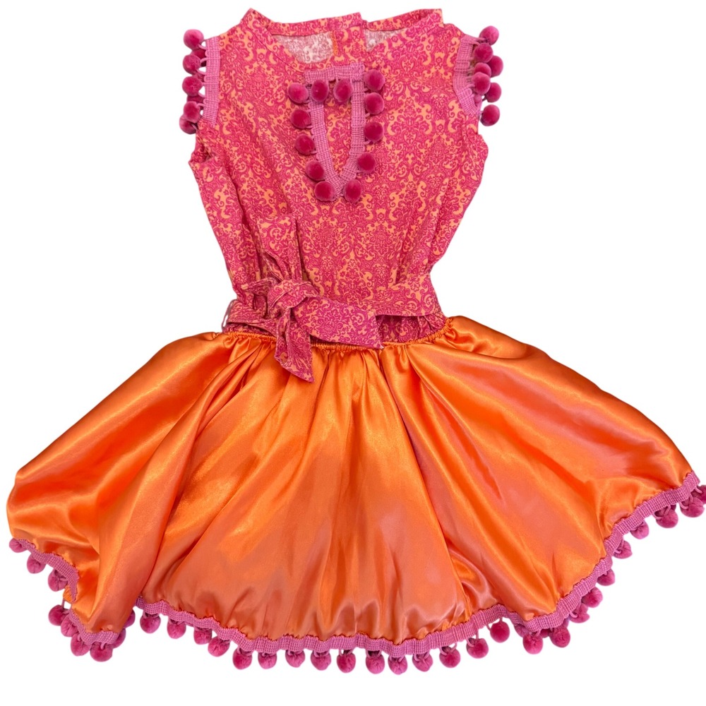 Girls Pink Orange Damask Satin Bubble Dress Pom Pom Trim Ladybug Buttons